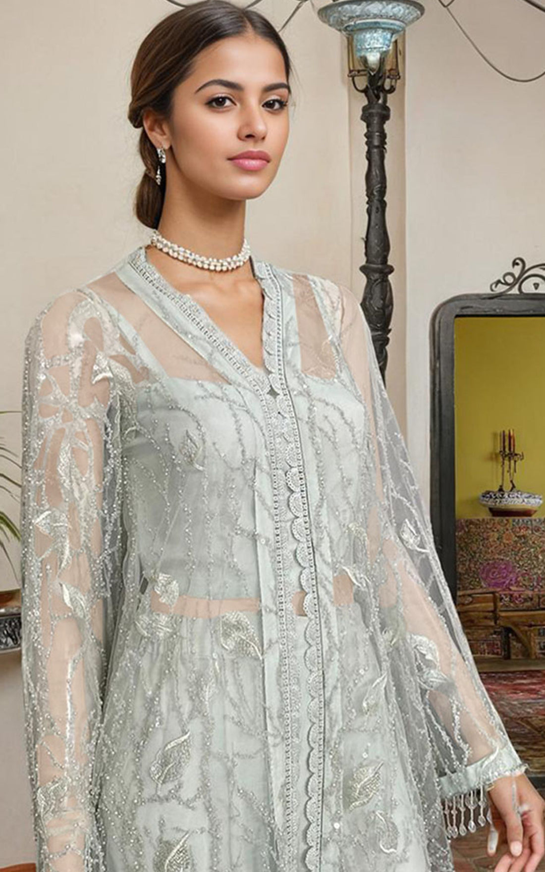 Threads and Motifs | Formal Dresses 25 | Net Embroidered Jacket With Trouser - Pakistani Designer Dress - by Threads and Motifs - Type : Ladies Clothes - 100% Original at Saira Sultan