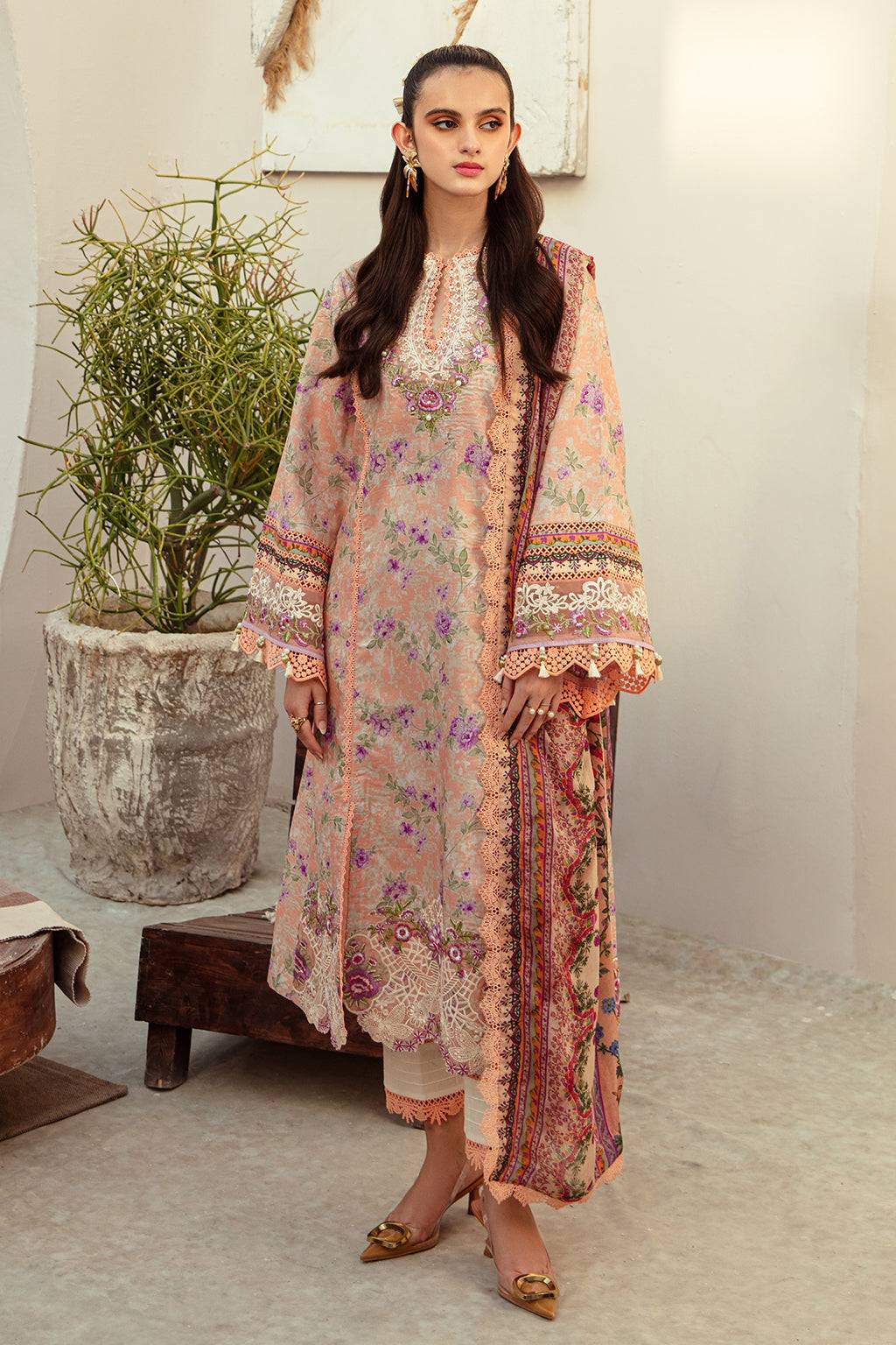 AJR Couture | Alif Affordable Lawn 24 | CORAL BLUSH - Pakistani Designer Dress - by AJR Couture | Type: Luxury - 100% Original at Saira Sultan