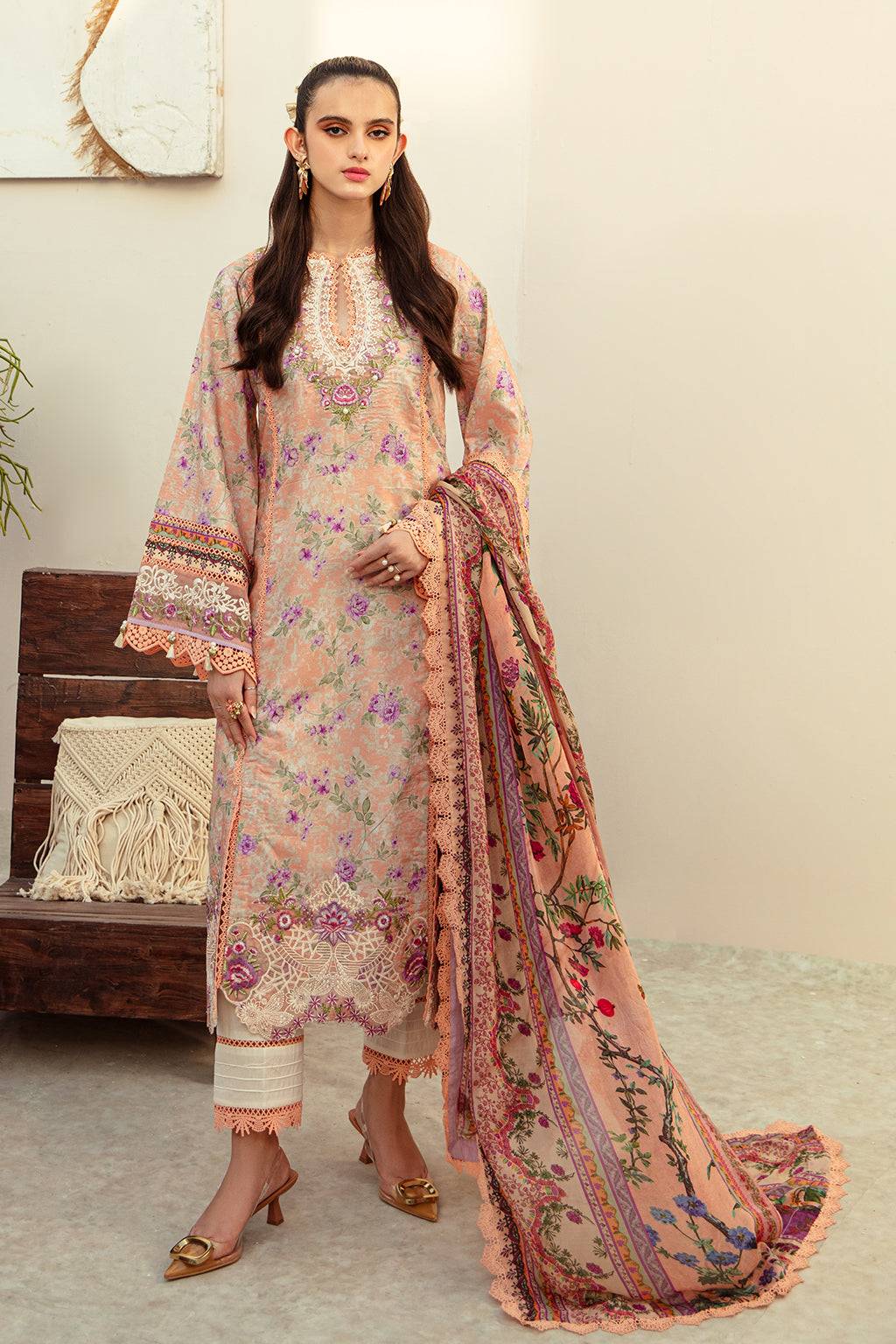 AJR Couture | Alif Affordable Lawn 24 | CORAL BLUSH - Pakistani Designer Dress - by AJR Couture | Type: Luxury - 100% Original at Saira Sultan