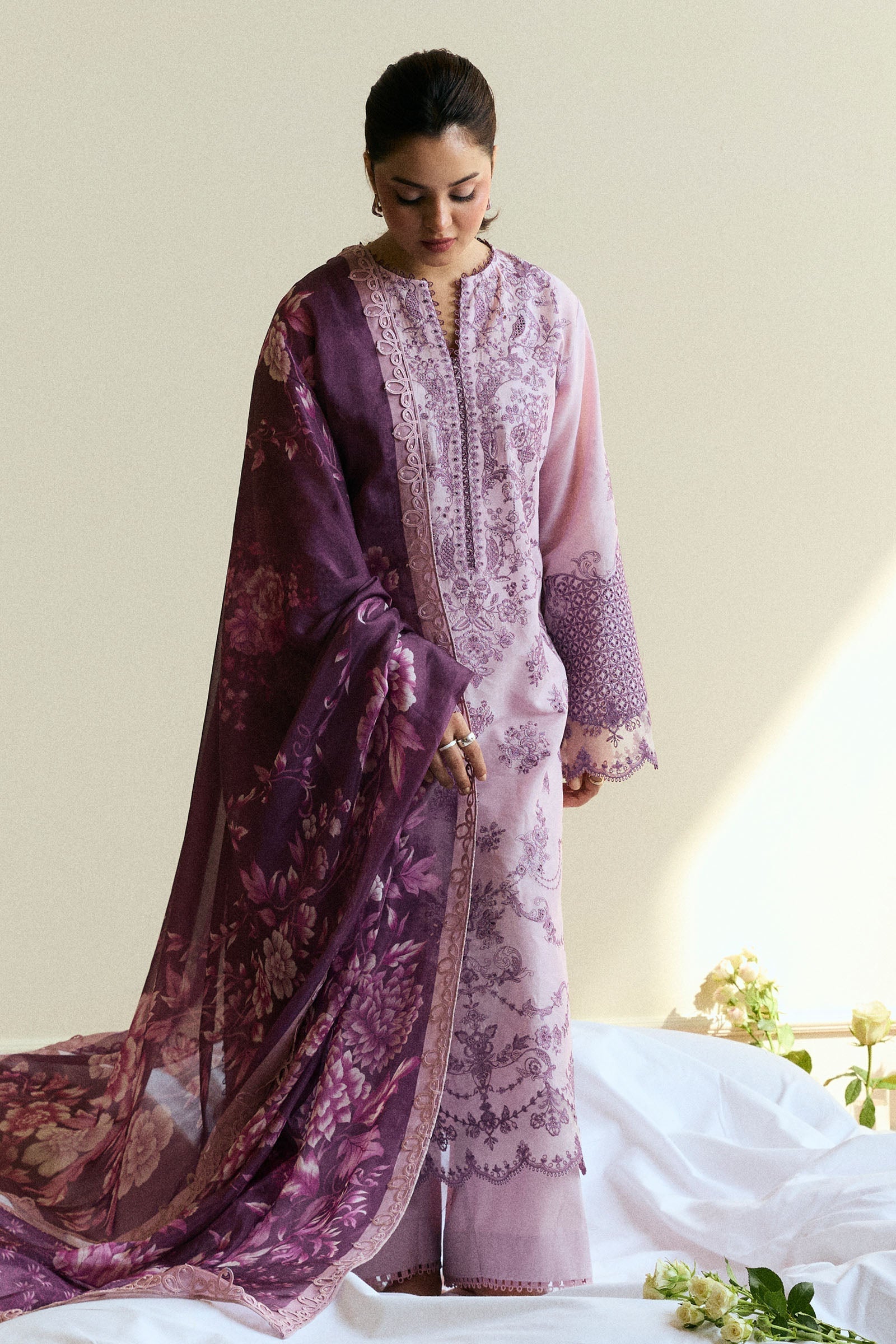 Zara Shahjahan | Coco Eid Edit |Quince-D5 L Lilac Gray Lawn