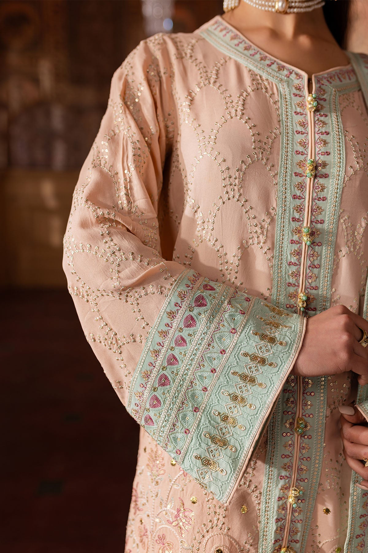 Nureh | Nur Mahal Formals | NE-141 XL Pale Peach Silk