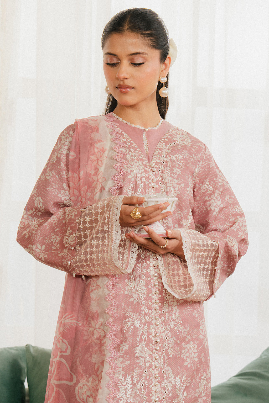 Ayzel | Armelia Printed Lawn 25 | Sylvie M Powder Pink Lawn