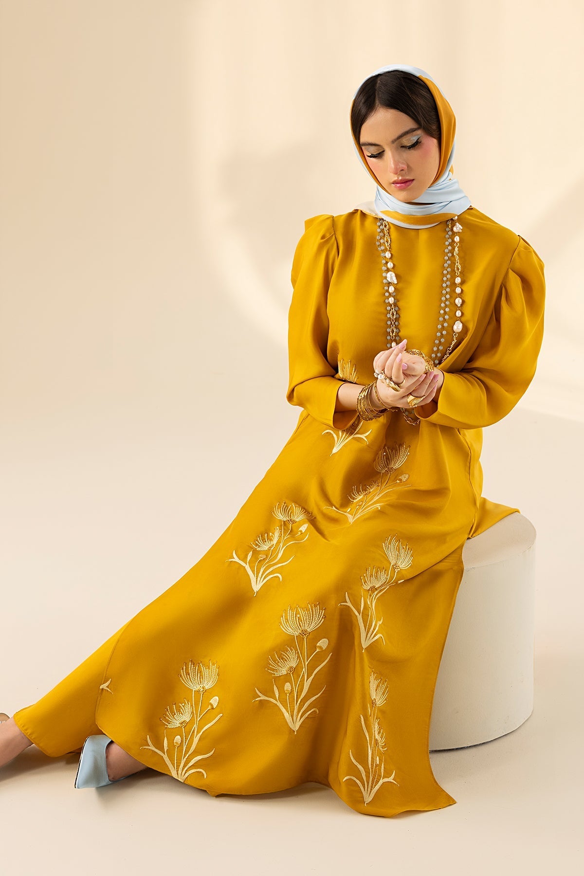 Erum Khan | Lillia Summer Edit | Honey Haze Custom Size Gold Charmeuse Silk