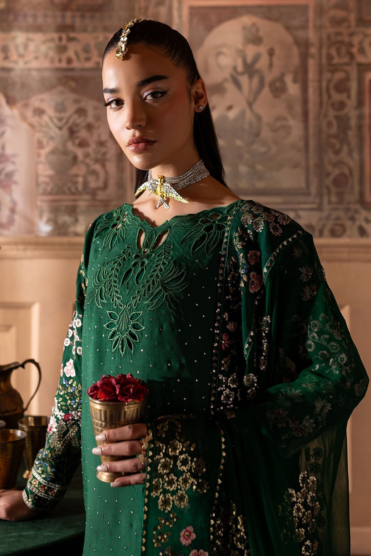 Nureh | Nur Mahal Formals | NE-138 M Dark Green Silk