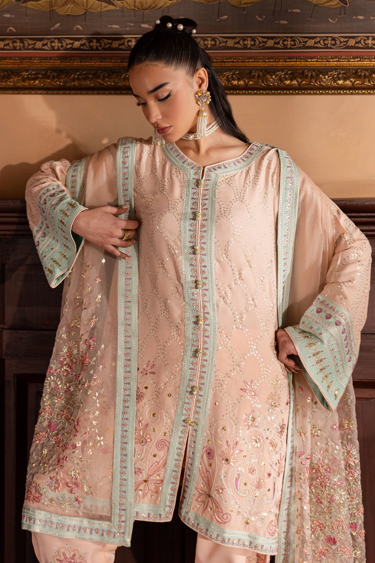 Nureh | Nur Mahal Formals | NE-141 L Pale Peach Silk
