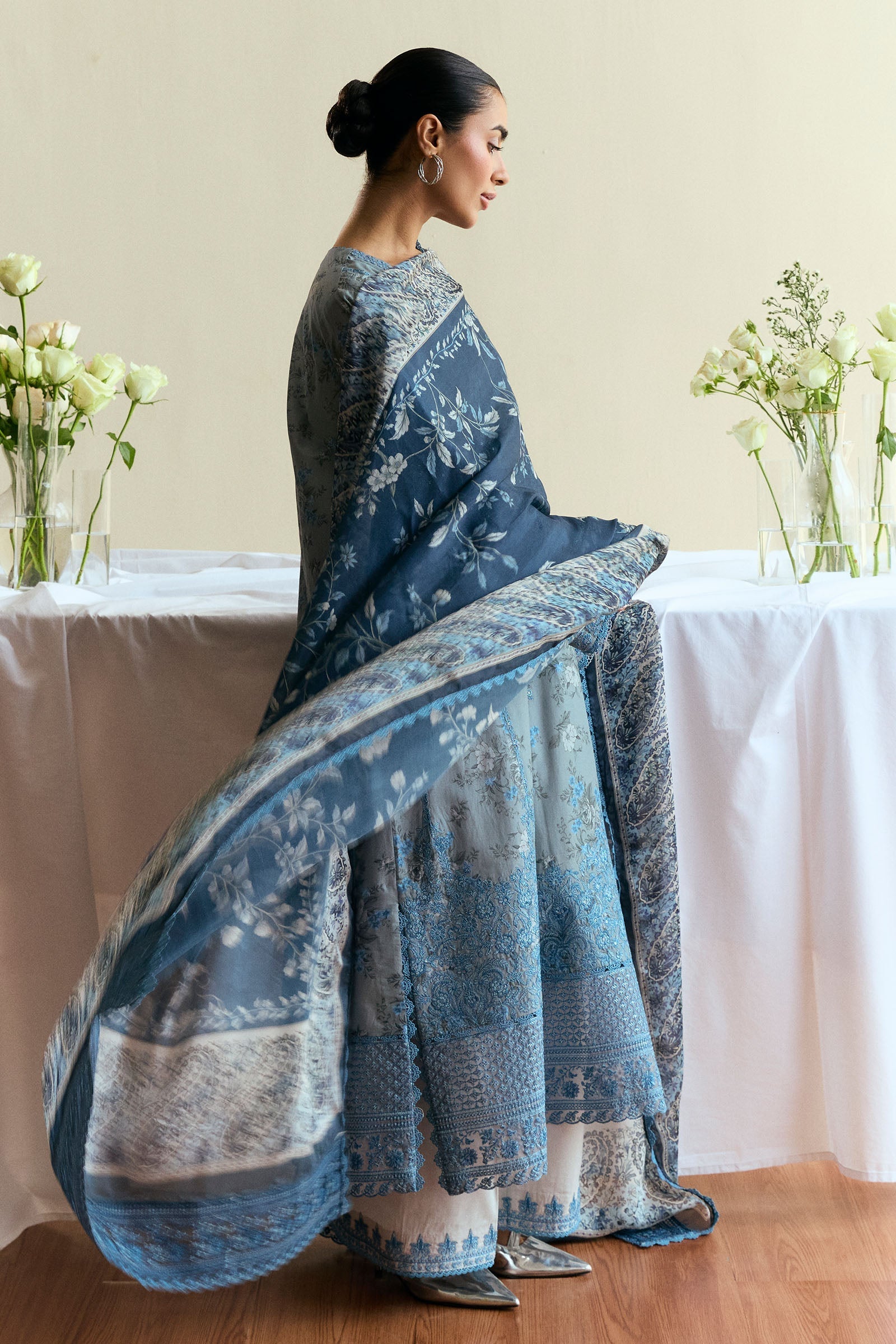 Zara Shahjahan | Coco Eid Edit | Fleuron-D6 M Light Blue Gray Lawn