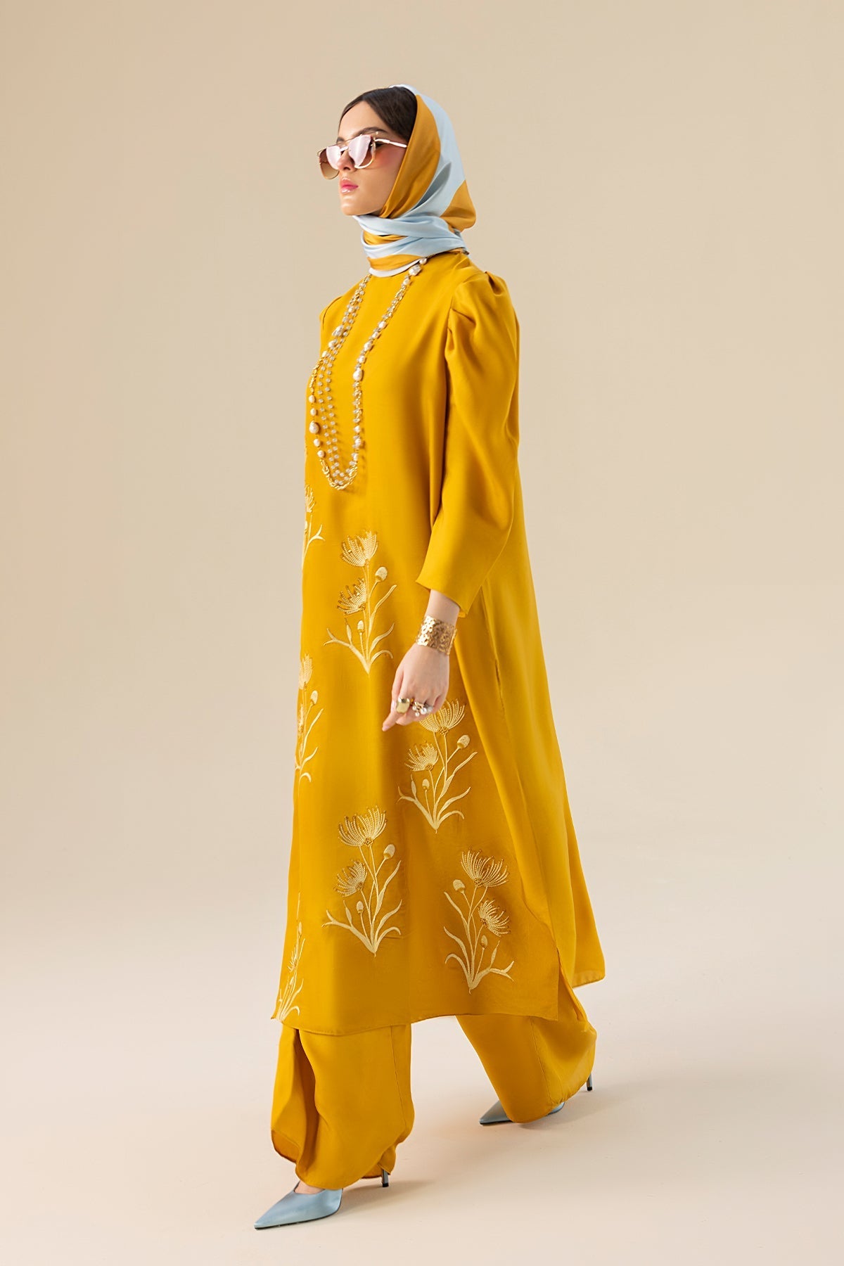 Erum Khan | Lillia Summer Edit | Honey Haze XL Gold Charmeuse Silk