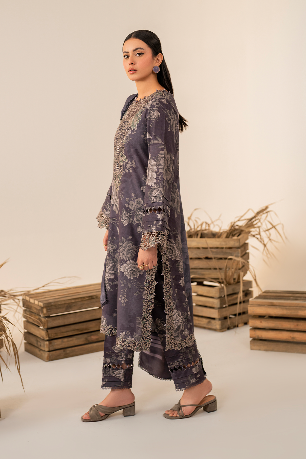 Iznik | Exclusive Winter | UE-349 Custom Size Purple Gray Slub Khaddar