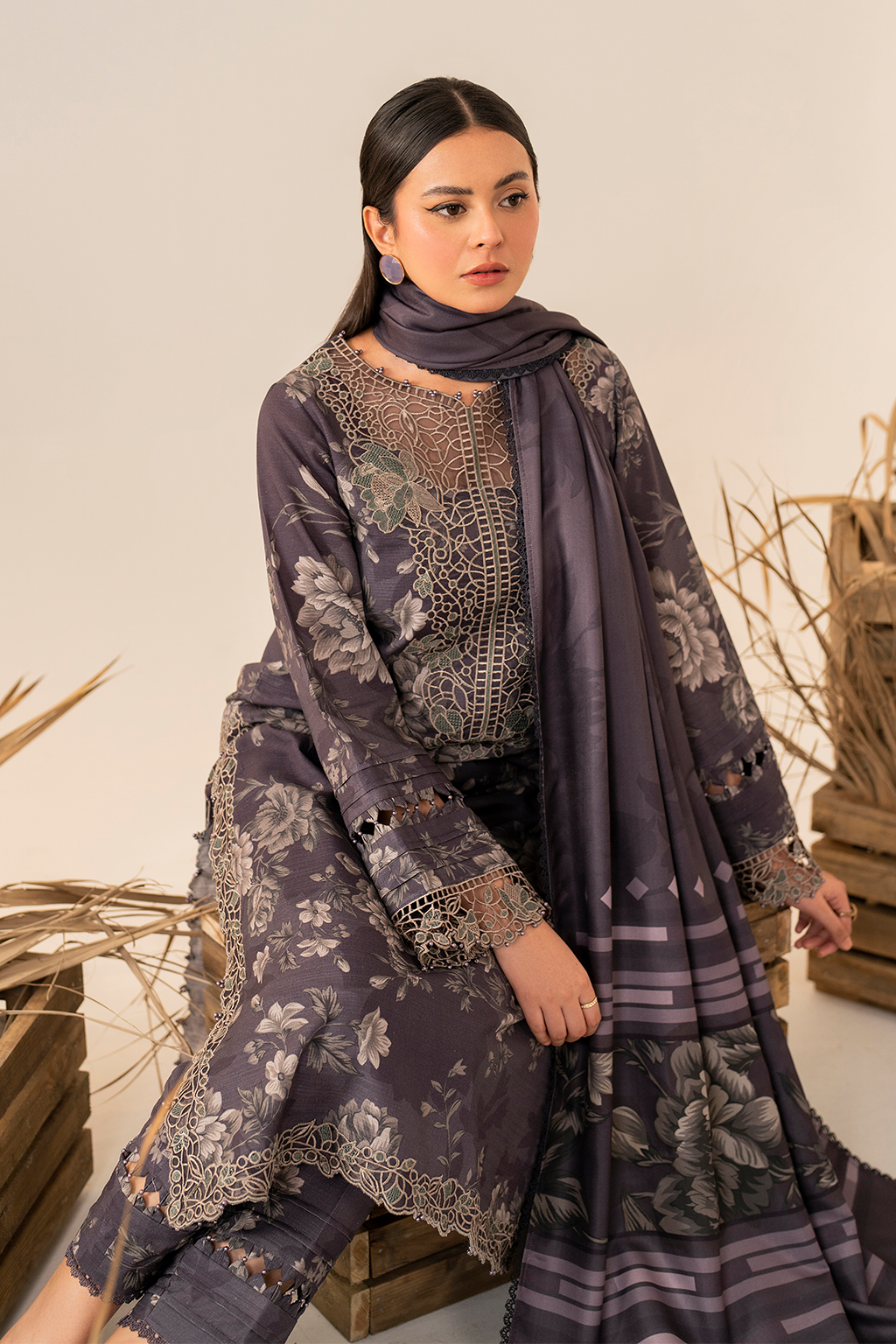 Iznik | Exclusive Winter | UE-349 XL Purple Gray Slub Khaddar