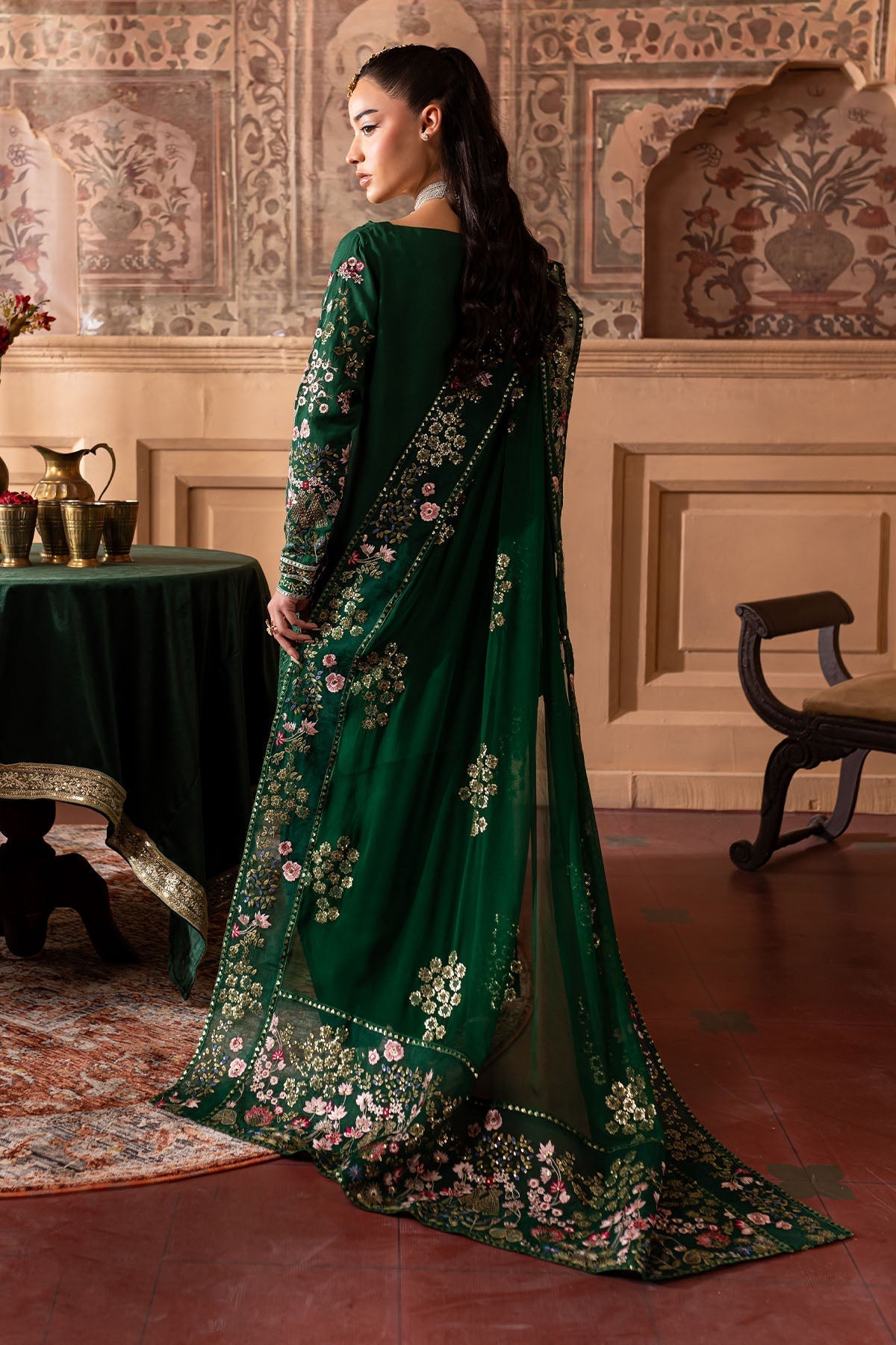 Nureh | Nur Mahal Formals | NE-138 S Dark Green Silk