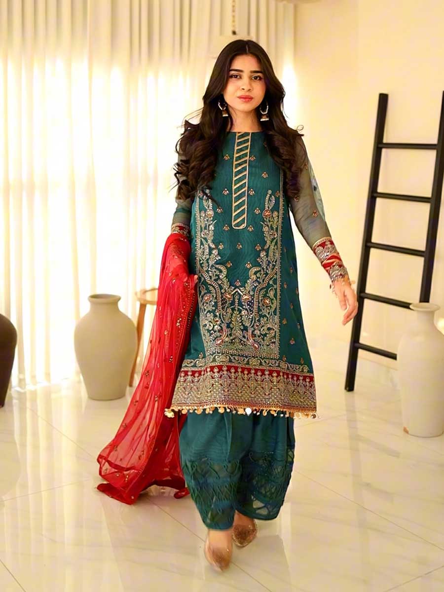Salitex | Signature Festive Chiffon | SUNW6JI021UT XS Teal Green Khaddi Net