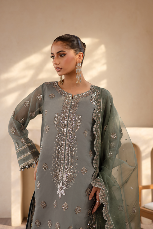Emaan Adeel | Noore Festive Formals | VELIZA L Charcoal Gray Organza