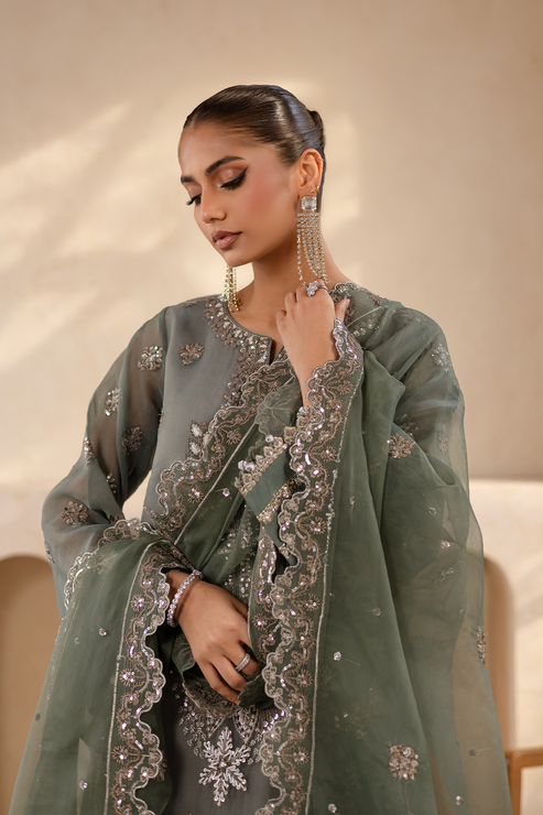 Emaan Adeel | Noore Festive Formals | VELIZA M Charcoal Gray Organza