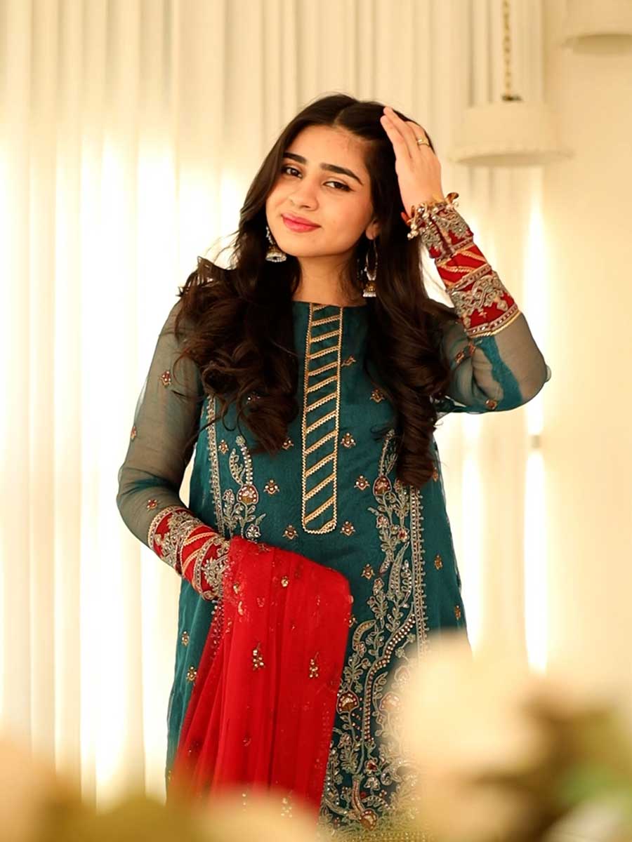 Salitex | Signature Festive Chiffon | SUNW6JI021UT S Teal Green Khaddi Net