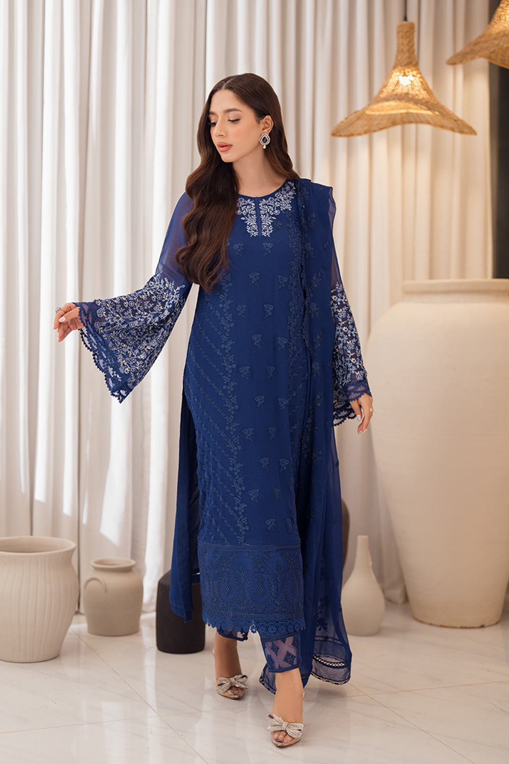 Azure | Ensembles Embroidered Formals | Azure Breeze L Navy Blue Chiffon