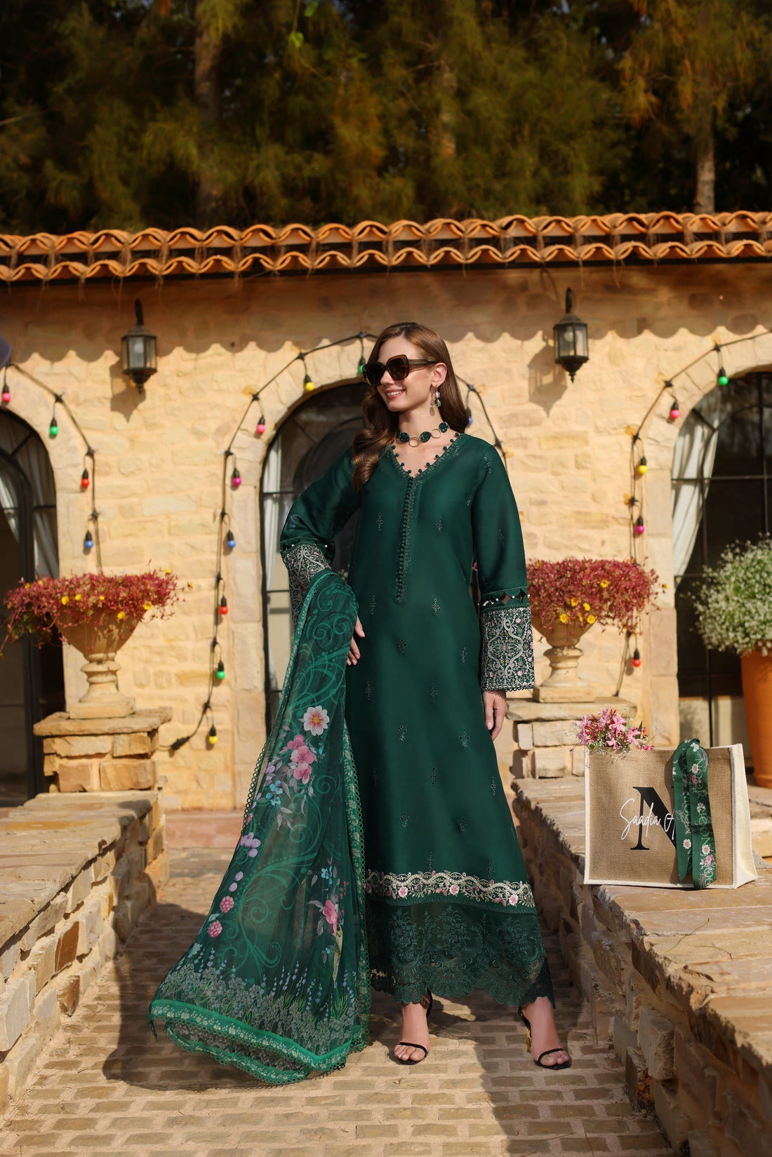 Noor by Saadia Asad | Luxe Chikankari 25 | D1-A XS Deep Green Lawn