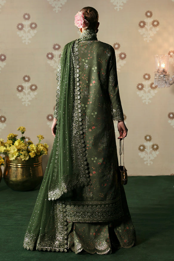 Afrozeh | Divani Silk Edit 25 | Zeba XS Deep Olive Green Silk