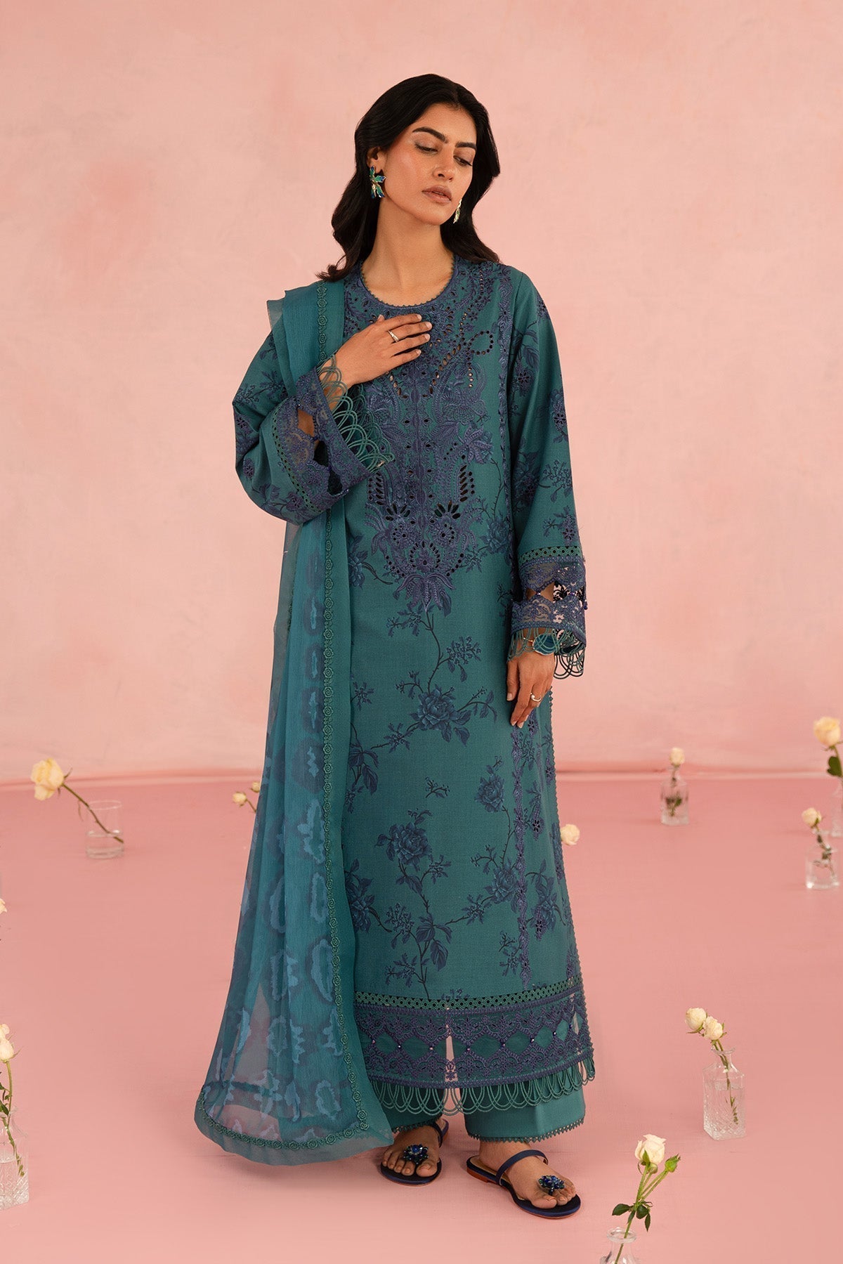 Afrozeh | Floral Charm 25 | Acacia L Teal Green Lawn