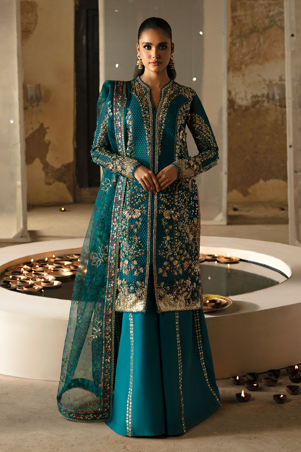 Afrozeh | Hayat Wedding Formals 24 | Meerub XS Teal Green Organza