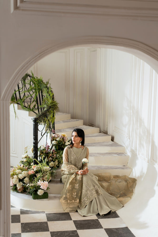 Azzal | Mishri Formals | Aina XL Greenish Grey Organza
