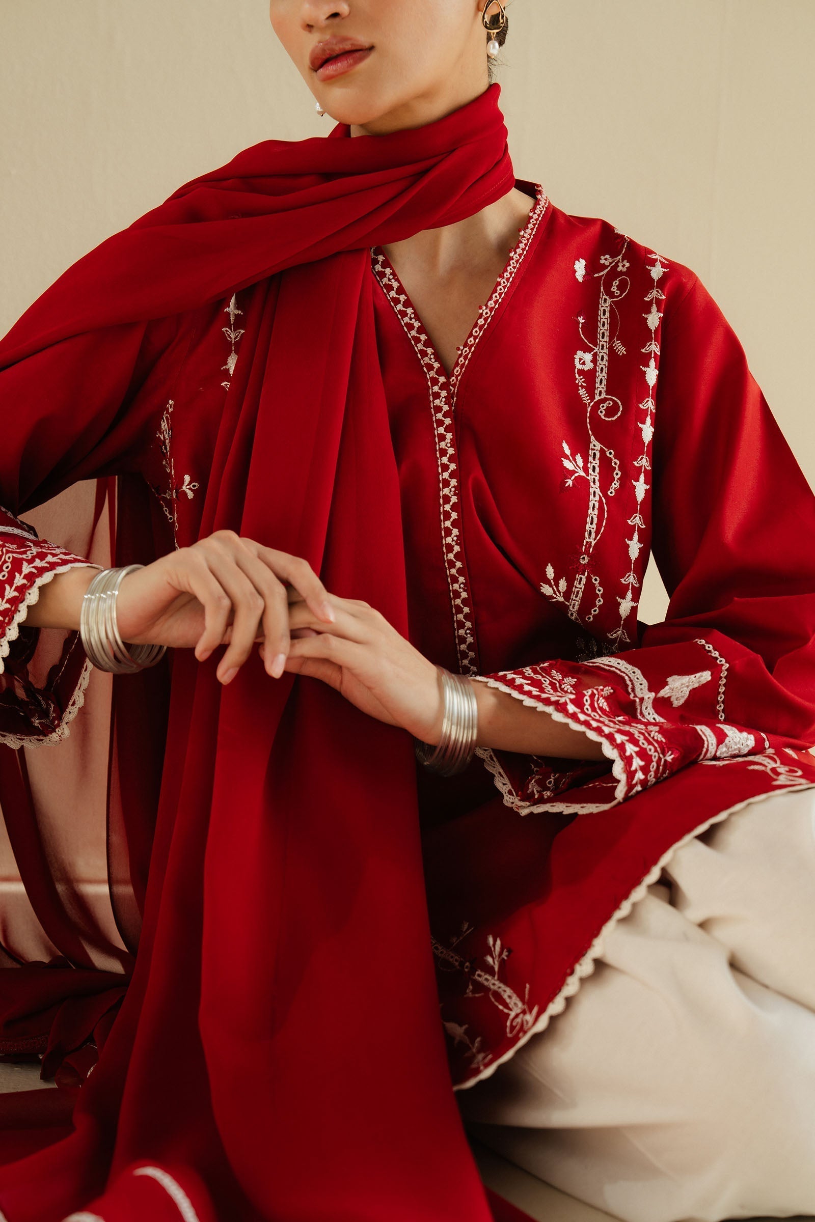 Zara Shahjahan | Eid Pret 25 | CR25P0224 L pale red Dobby