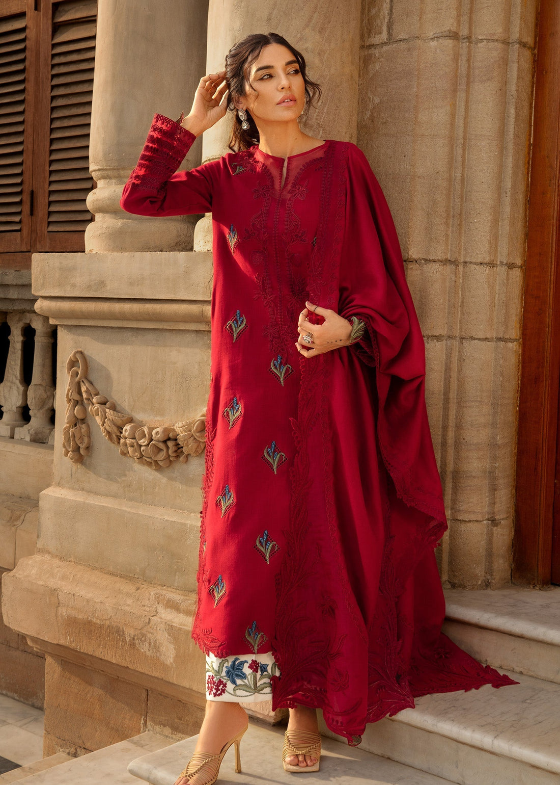 Crimson | Aaleen Winter 24 | Jurao ka Kaam XS Red Organza