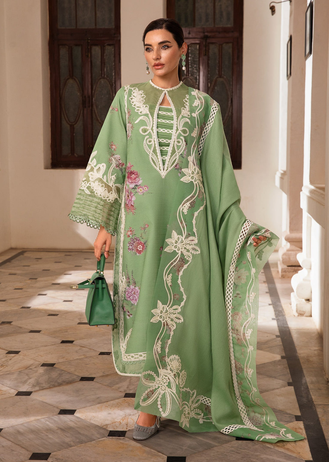 Crimson | Aaleen Winter 24 | Gulbaan XS Sage Green Organza