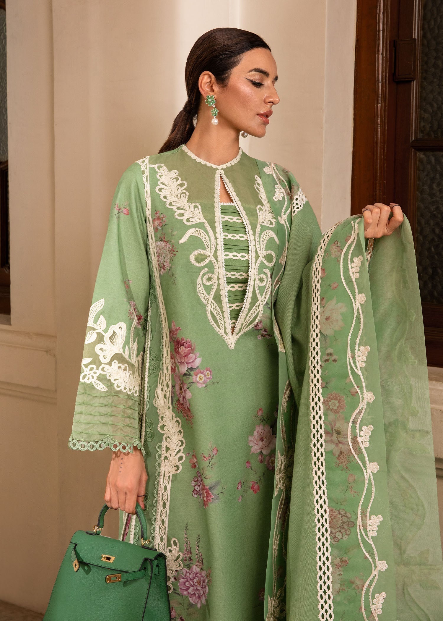 Crimson | Aaleen Winter 24 | Gulbaan M Sage Green Organza