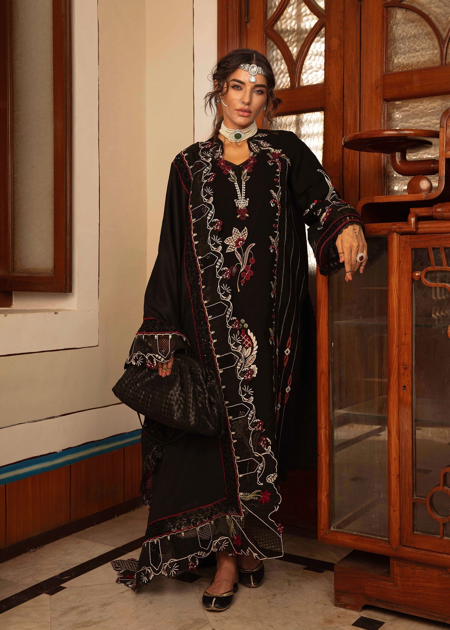 Crimson | Aaleen Winter 24 | Meenakari XS Black Khaddar