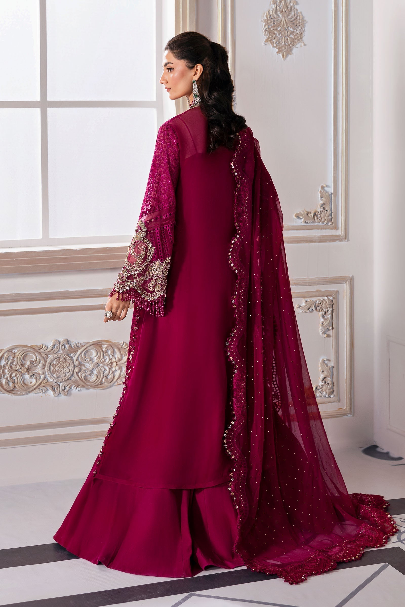 Maria B | Mbroidered 2025 | BD-3003 S Magenta Short Open Shirt with Wrap Inner with Trouser