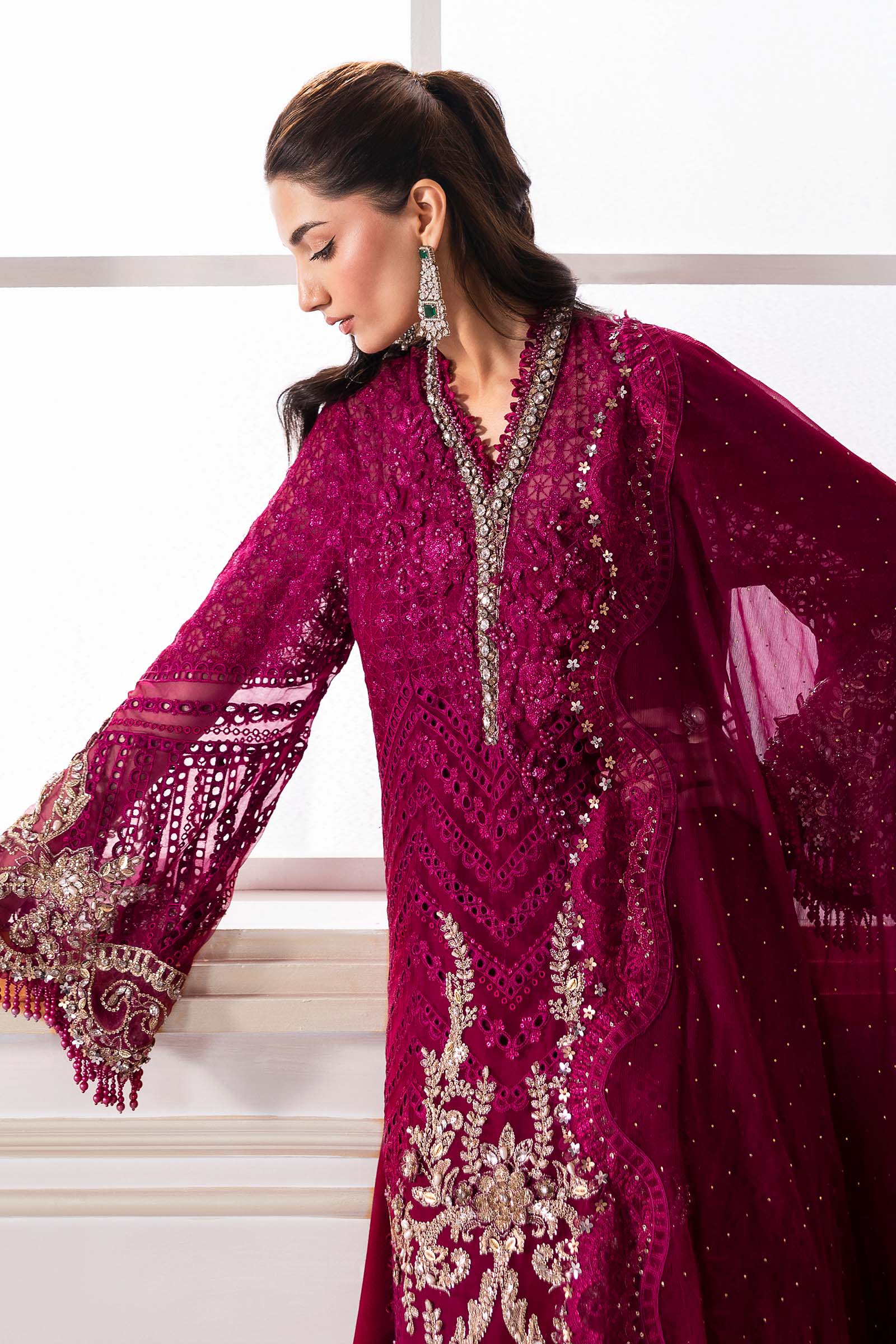Maria B | Mbroidered 2025 | BD-3003 M Magenta Short Open Shirt with Wrap Inner with Trouser