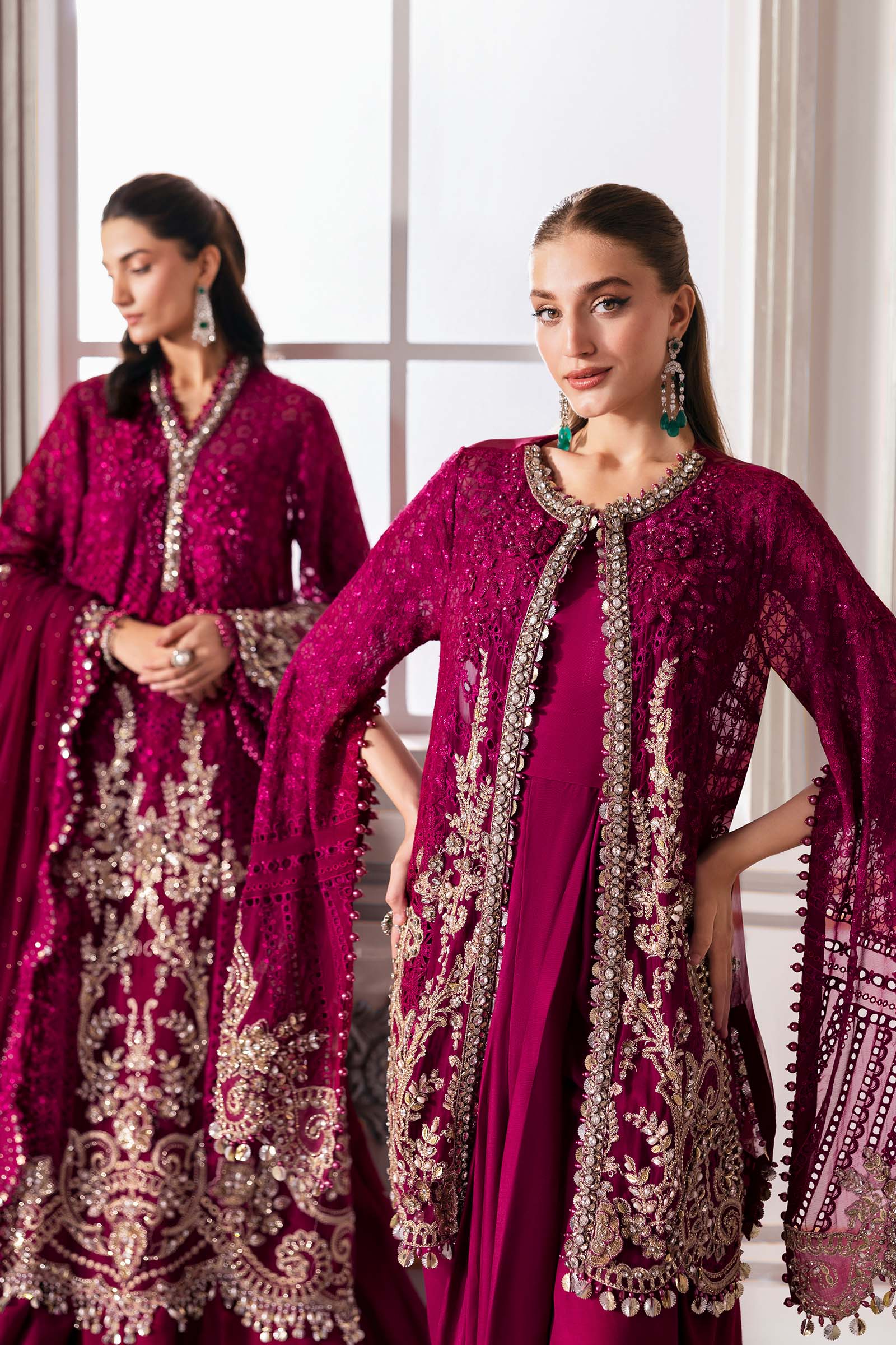 Maria B | Mbroidered 2025 | BD-3003 XS Magenta Short Open Shirt with Wrap Inner with Trouser