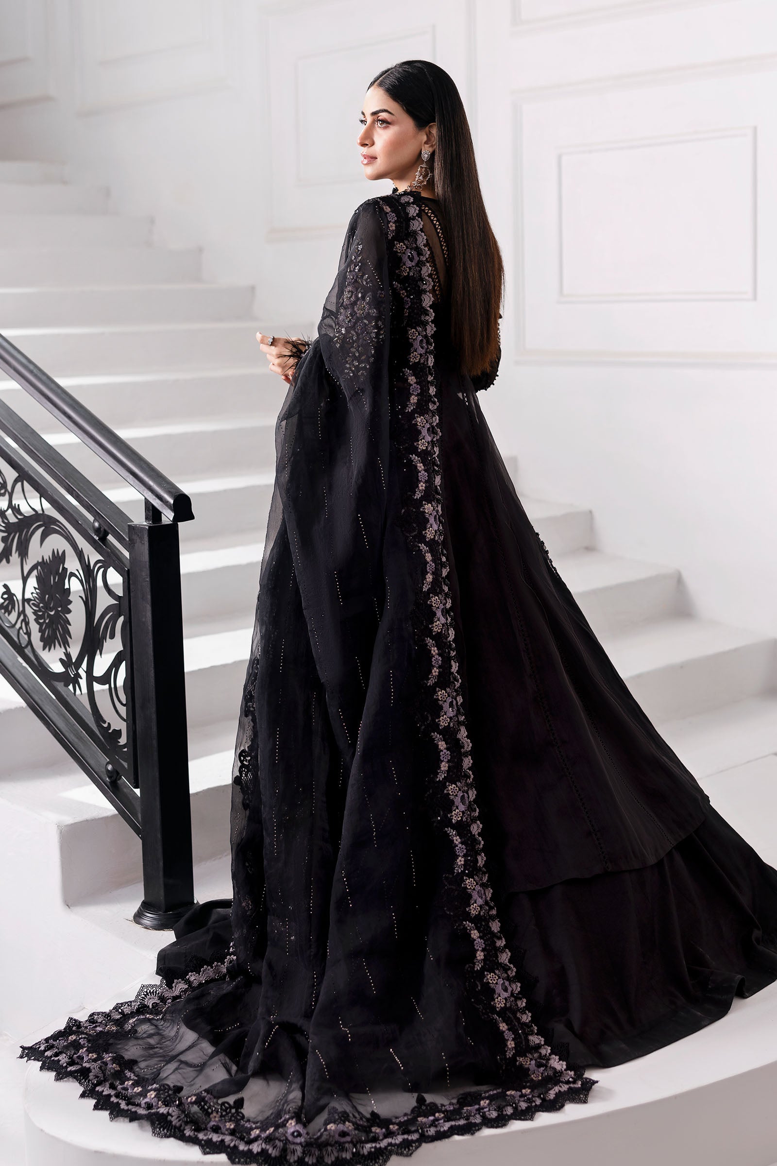 Maria B | Mbroidered 2025 | BD-3004 S Black Long Slit Gown with Lehnga