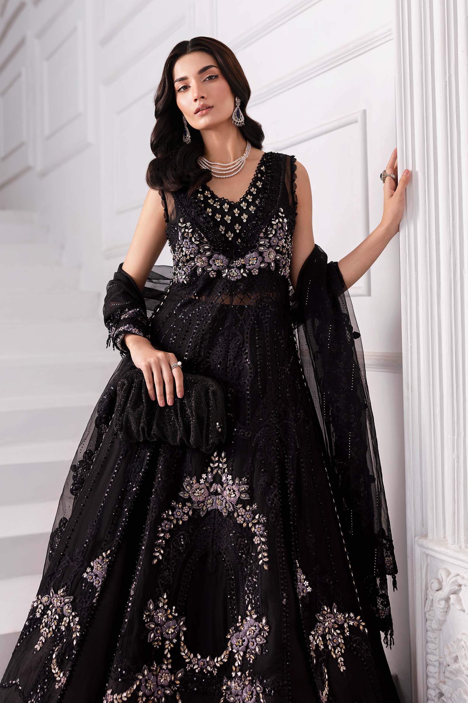 Maria B | Mbroidered 2025 | BD-3004 S Black Long Open Gown with Lehnga
