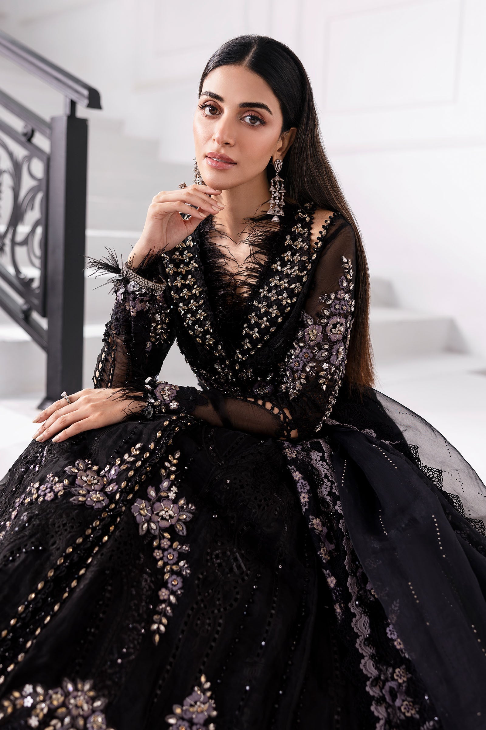 Maria B | Mbroidered 2025 | BD-3004 M Black Long Open Gown with Lehnga