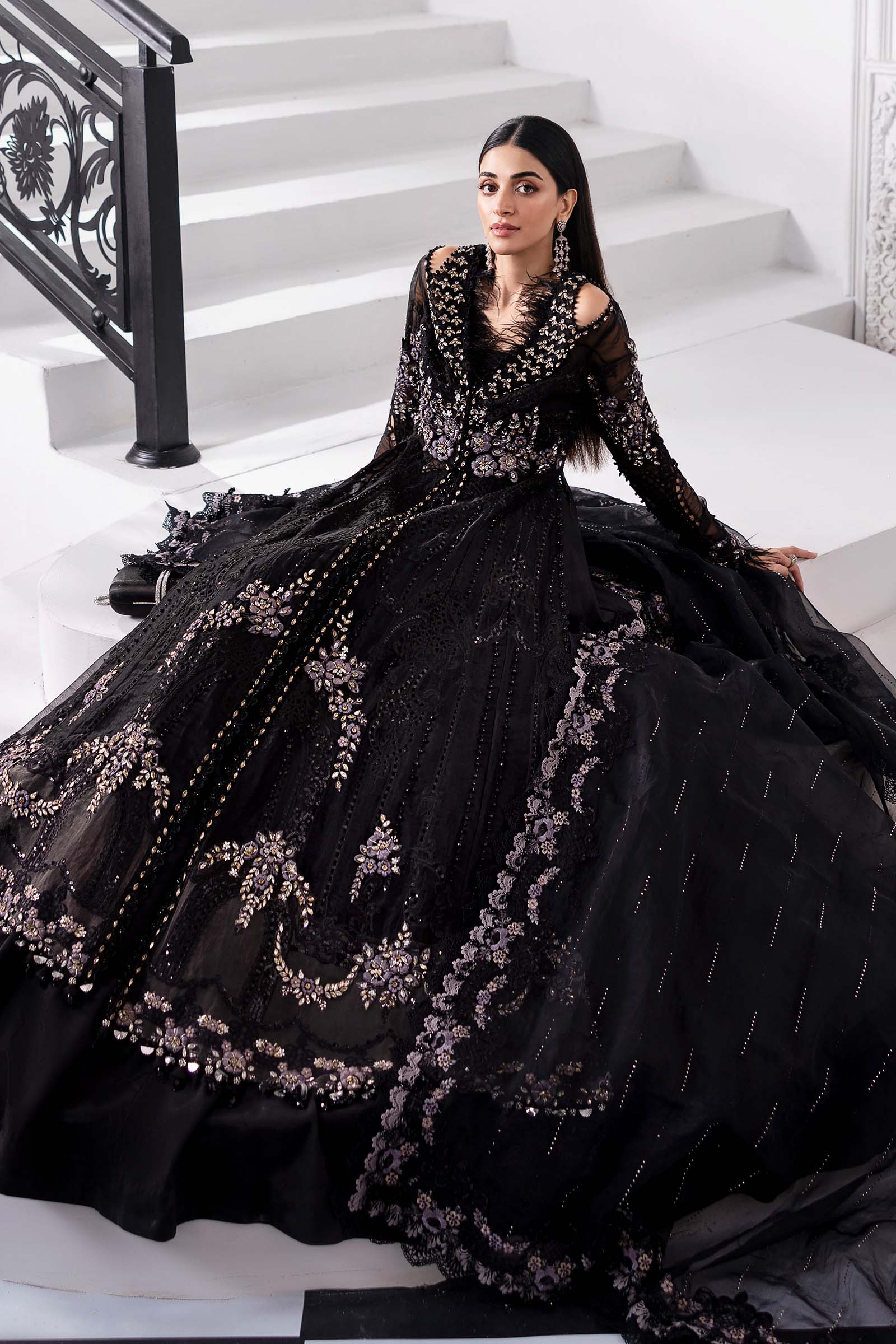 Maria B | Mbroidered 2025 | BD-3004 L Black Long Open Gown with Lehnga