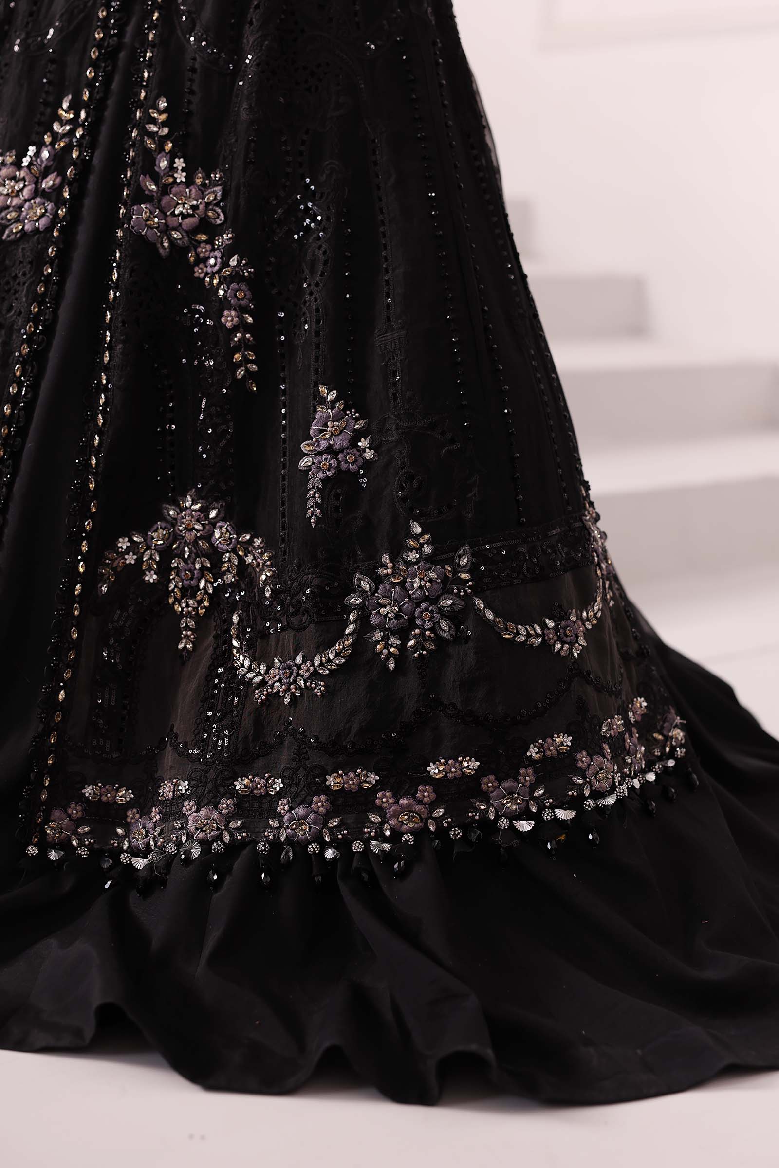 Maria B | Mbroidered 2025 | BD-3004 XL Black Long Open Gown with Lehnga