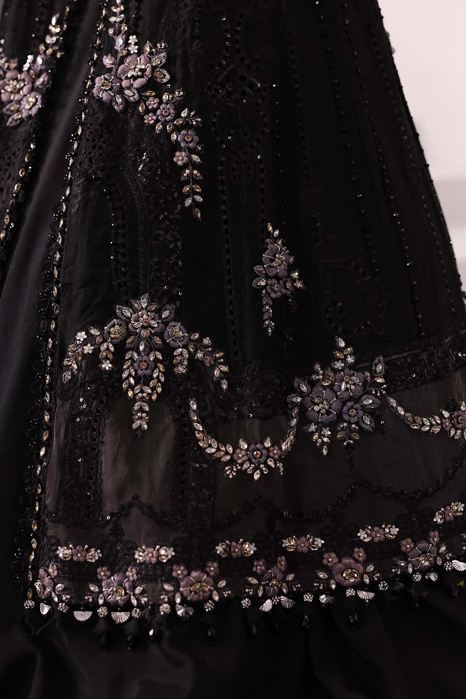 Maria B | Mbroidered 2025 | BD-3004 Custom Size Black Long Slit Gown with Lehnga