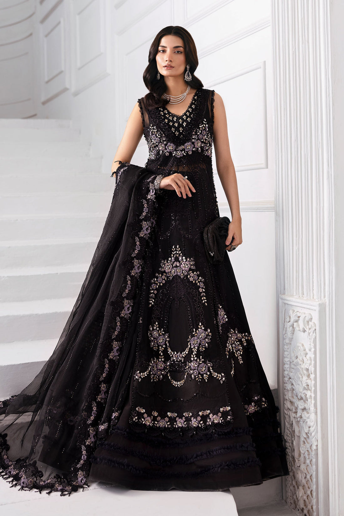 Maria B | Mbroidered 2025 | BD-3004 XS Black Long Slit Gown with Lehnga