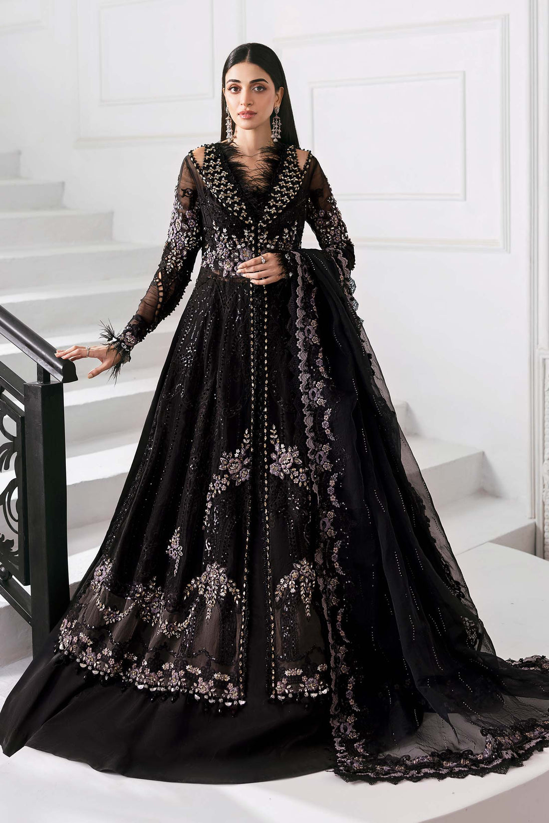 Maria B | Mbroidered 2025 | BD-3004 XS Black Long Slit Gown with Lehnga
