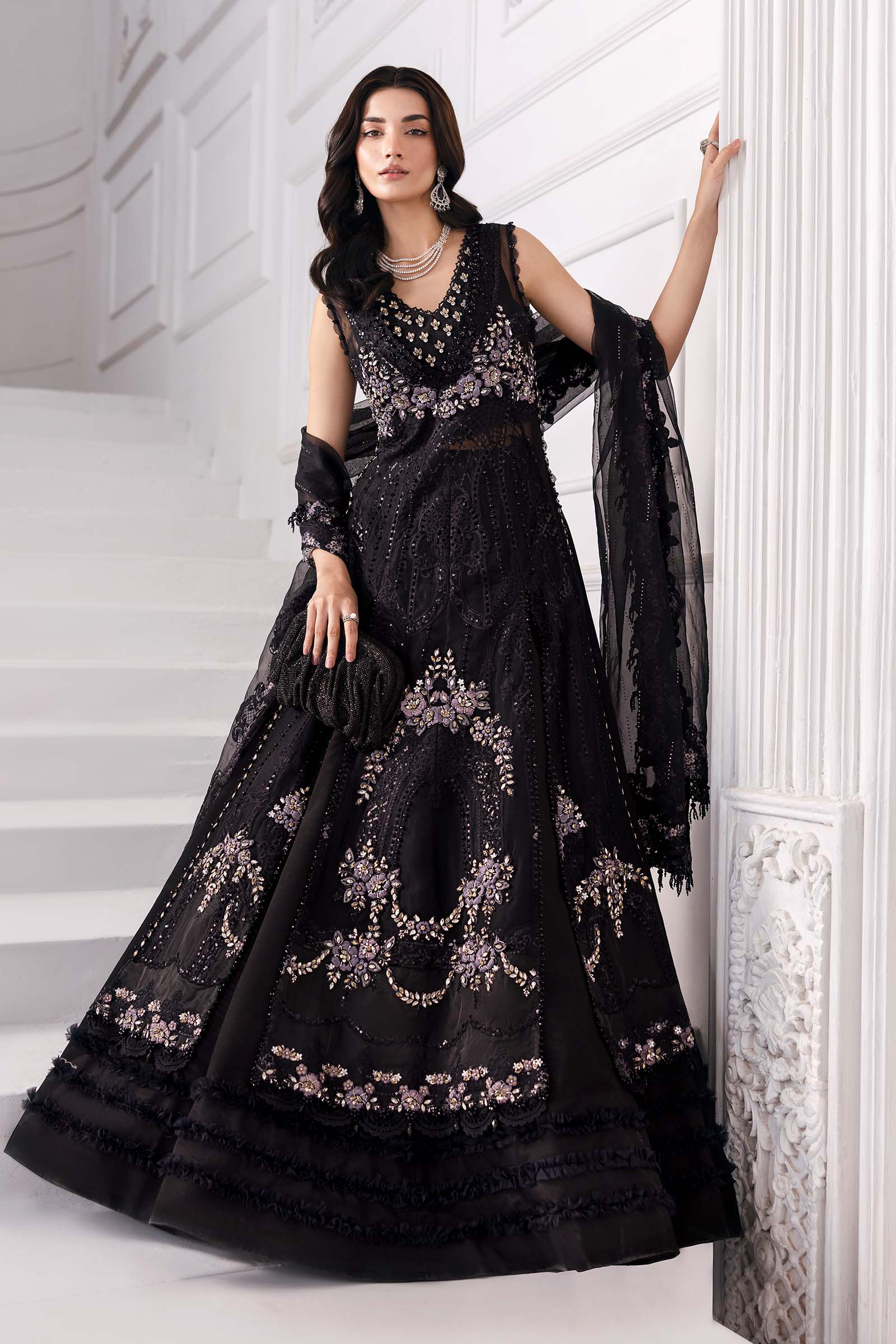 Maria B | Mbroidered 2025 | BD-3004 L Black Long Slit Gown with Lehnga