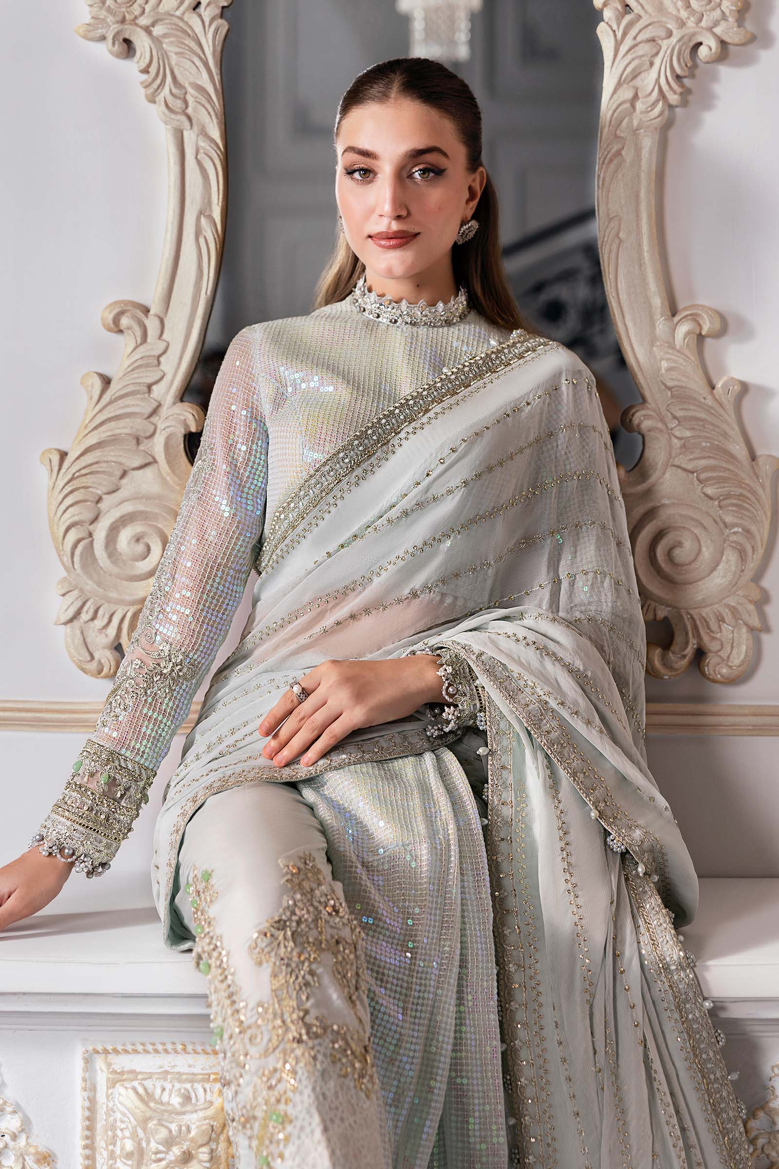 Maria B | Mbroidered 2025 | BD-3005 XL Ice Blue Blouse with Saree