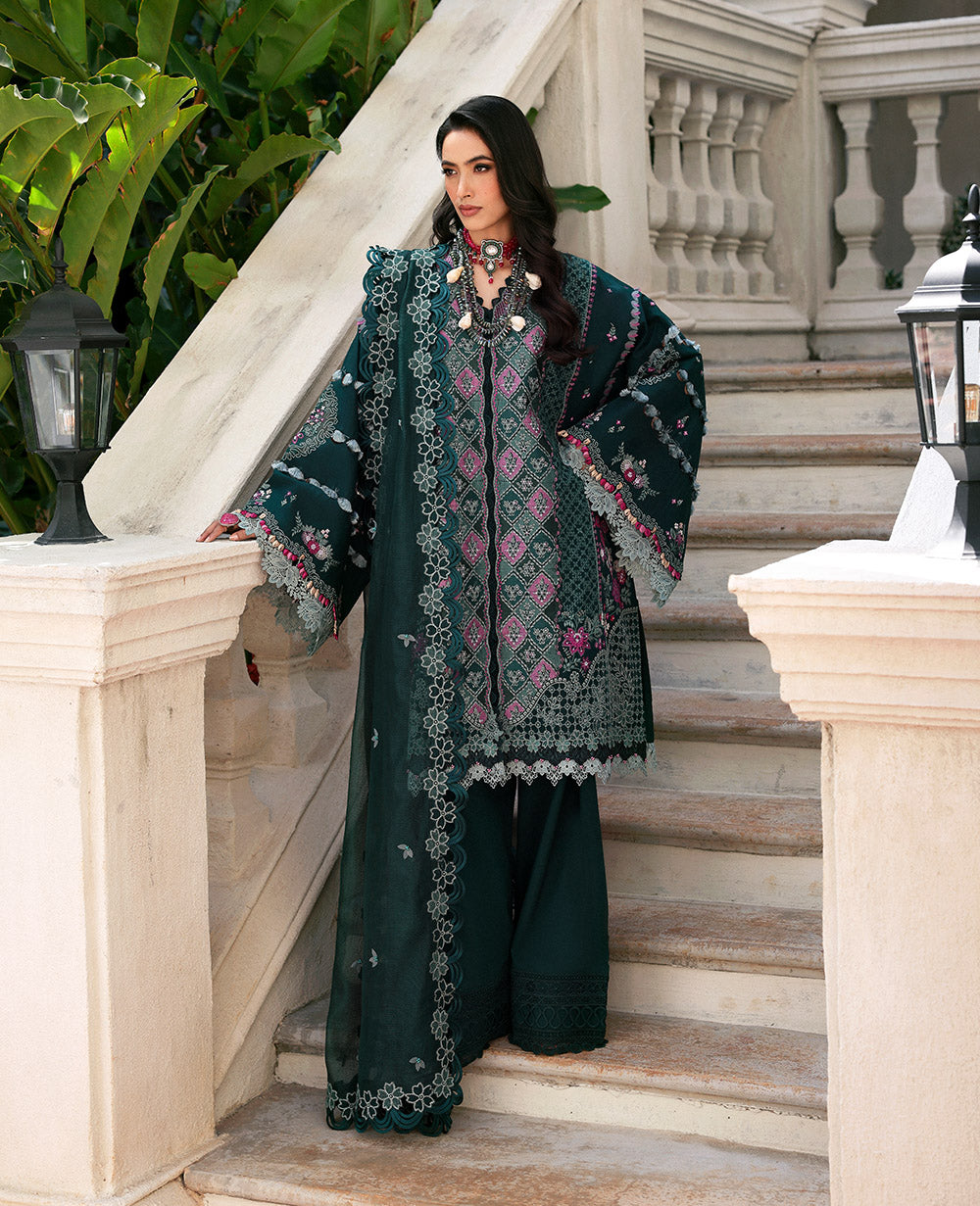 Republic Womenswear | Kalani Eid Luxury Lawn 25 | D1-B - Zehra XS Dark Green Lawn