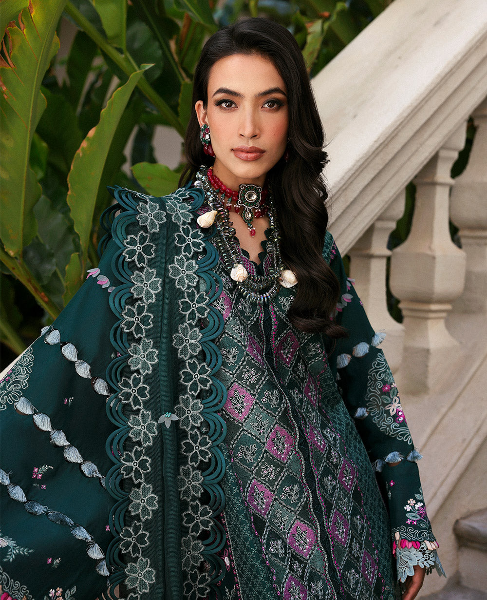 Republic Womenswear | Kalani Eid Luxury Lawn 25 | D1-B - Zehra Custom Size Dark Green Lawn