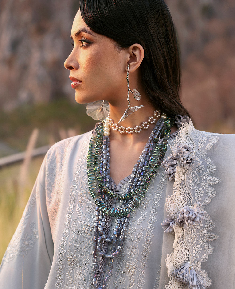 Republic Womenswear | Kalani Eid Luxury Lawn 25 | D3-B - Sitara L Silver Lawn