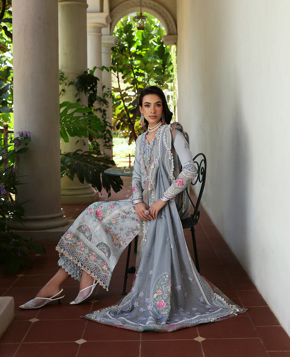 Republic Womenswear | Kalani Eid Luxury Lawn 25 | D7-B - Hoor XS LIight blue Grey Lawn
