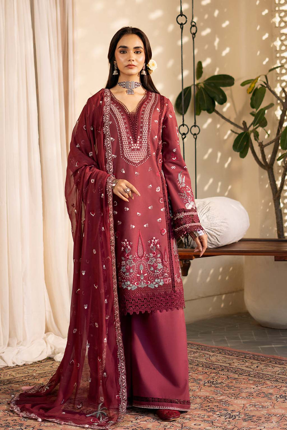Zarposh | Sajni Lawn 25 | Nayirah XS Maroon Lawn