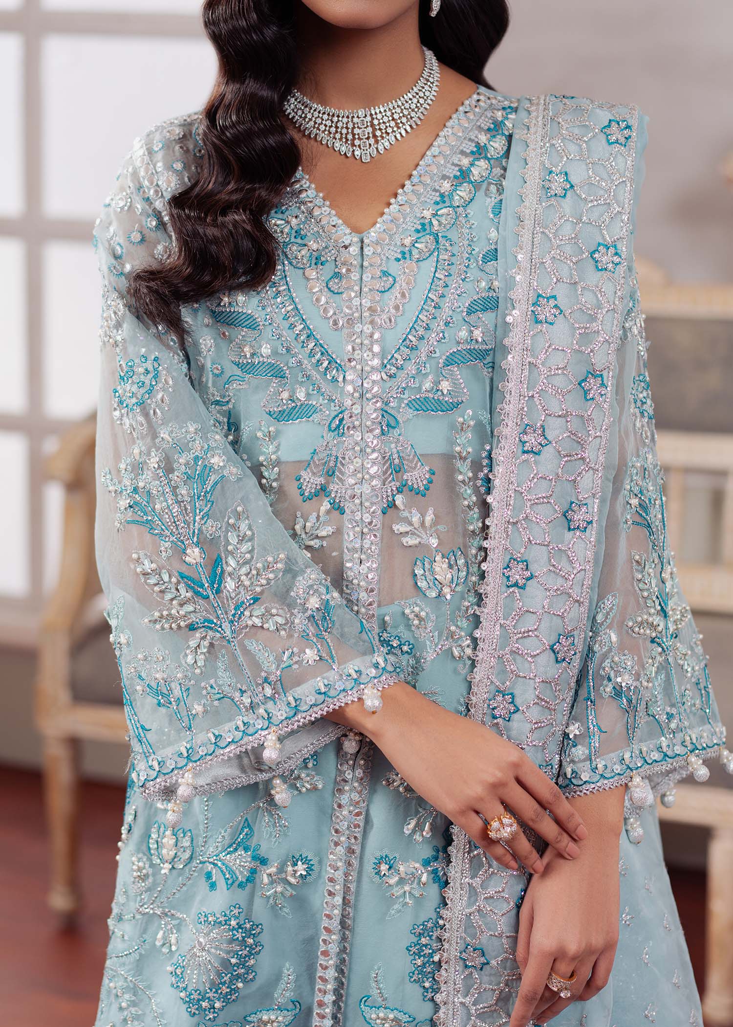 Dastoor | Airah Festive 25 | Starlight Custom Size Ice Blue Organza