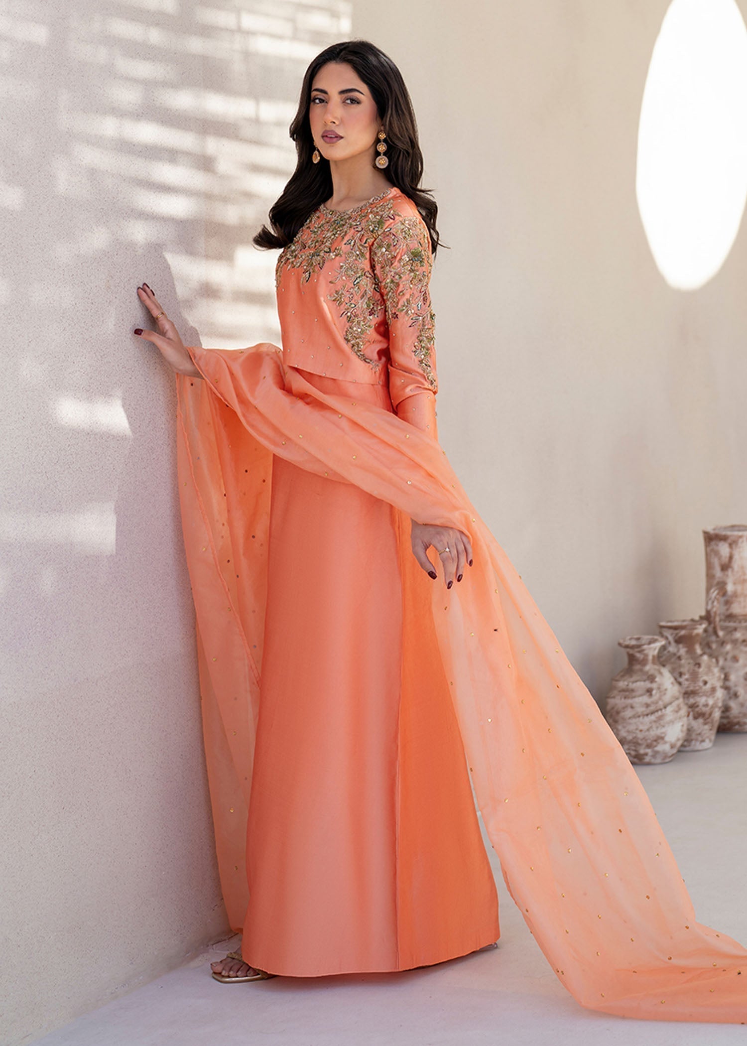 Dastoor | Maahi Luxury Pret 25 | Lera S Pinkish Orange Tissue Silk