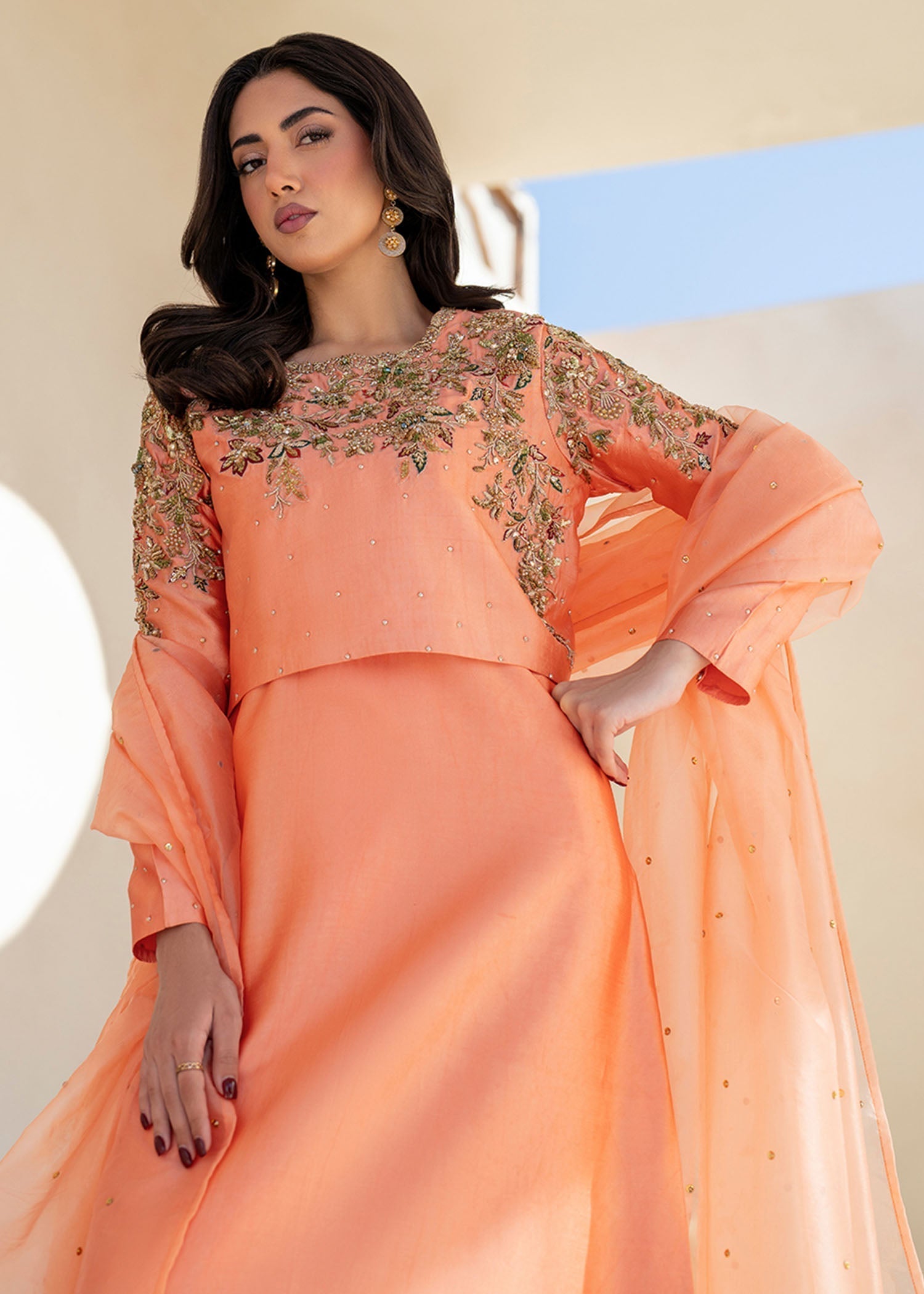 Dastoor | Maahi Luxury Pret 25 | Lera M Pinkish Orange Tissue Silk